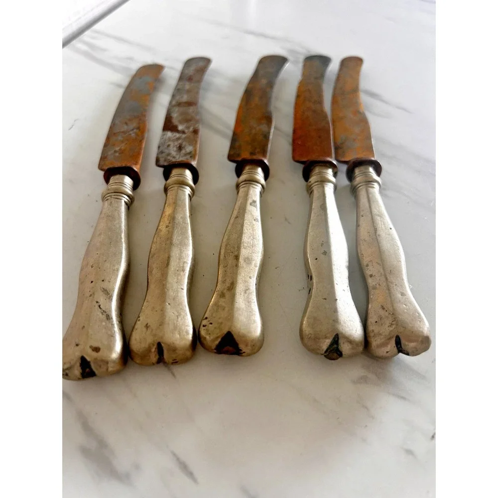 Antique Butter Knives Silver Plate Pistol Shaped Handles Marked Set of 5 BxA